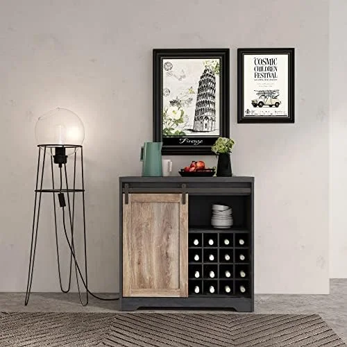 YPZBBOOM Farmhouse  Cabinet Modern Kitchen Hutch  Cabinet with Double Barn Door and Shelves Rustic Sideboard and Buffet Cabinet with Goblet Holder and Drawer for Living Kitchen(Bright Yel