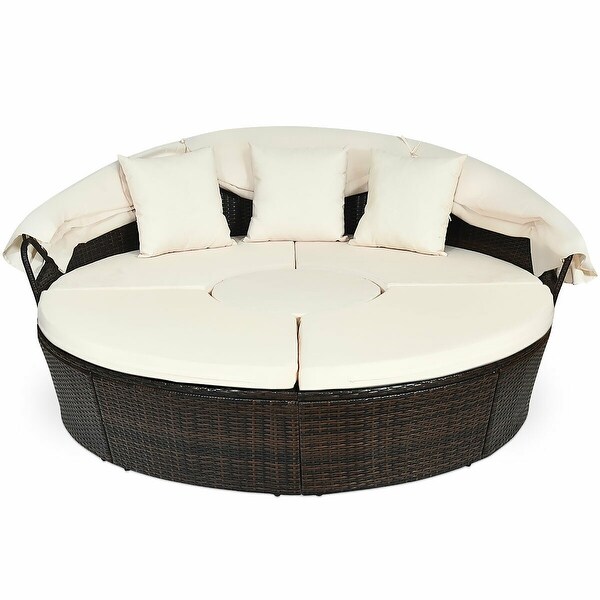 Costway Patio Rattan Daybed Cushioned Sofa Adjustable Table Top Canopy