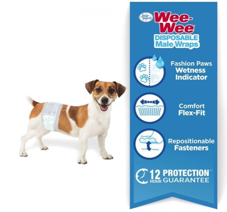 108 Count (3 x 36 ct) Four Paws Wee Wee Disposable Male Dog Wraps X-Sm