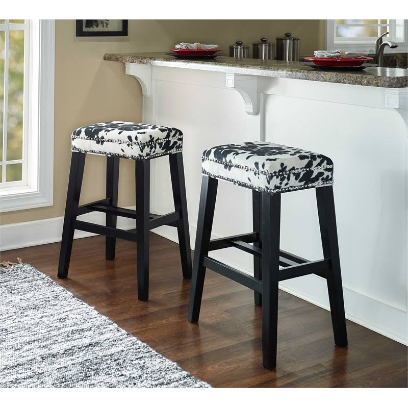 Linon Walt 30x22 Wood Cow Print Bar Stool in Black - CYMX335