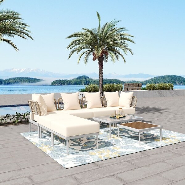 8Piece Patio Sectional Sofa Set with Tempered Glass Coffee Table and Wooden Coffee Table