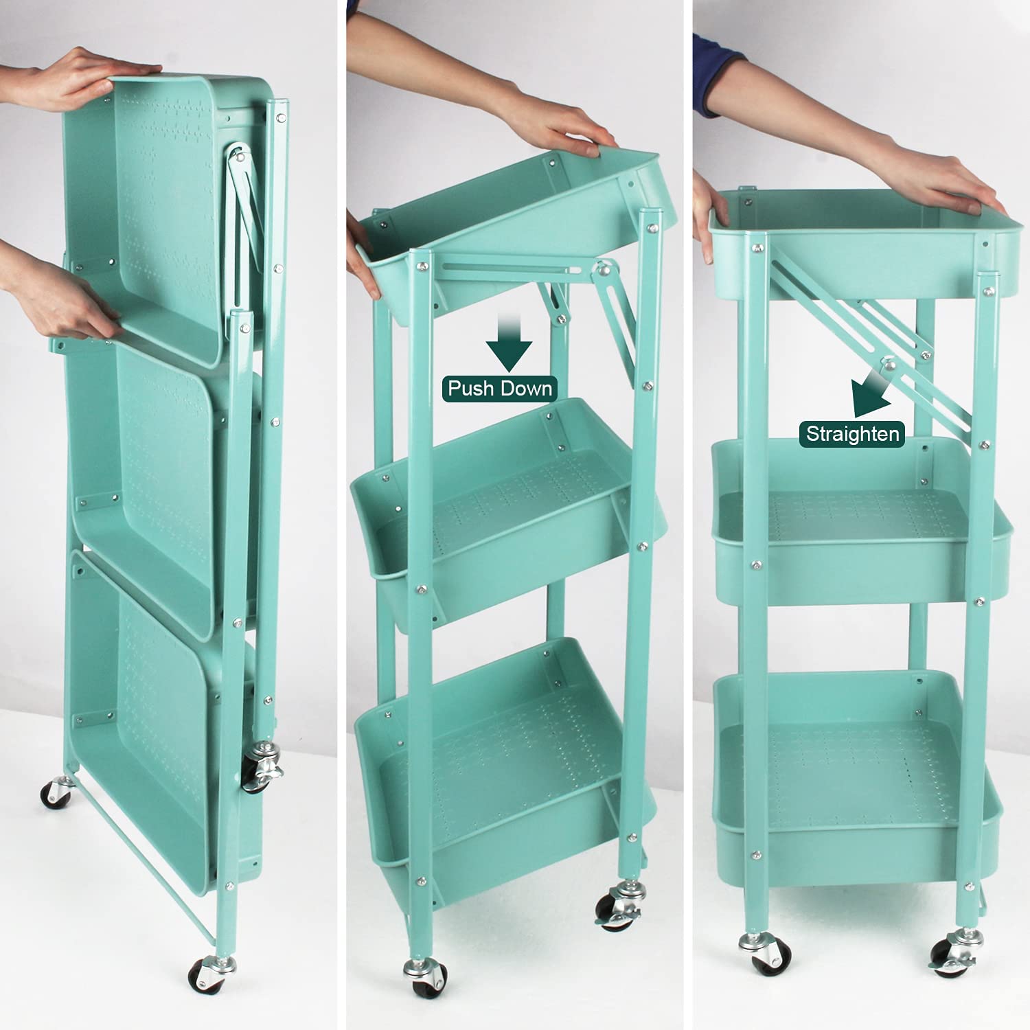 Todeco 3 Tier Foldable Plastic Rolling Storage Utility or Kitchen Cart,Folding Mobile Trolley Storage Organizer with Wheels for Office Bathroom Bedroom,Free Assembly,Green