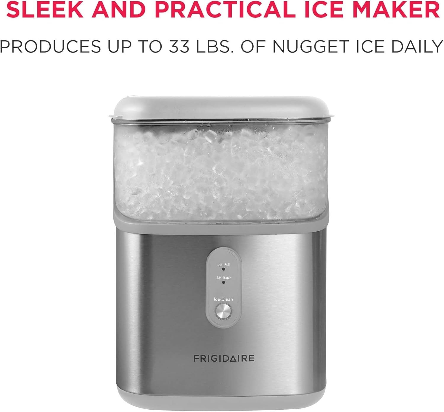 Countertop Crunchy Chewable Nugget Ice Maker, Compact, 33lbs per Day, Metallic Finish