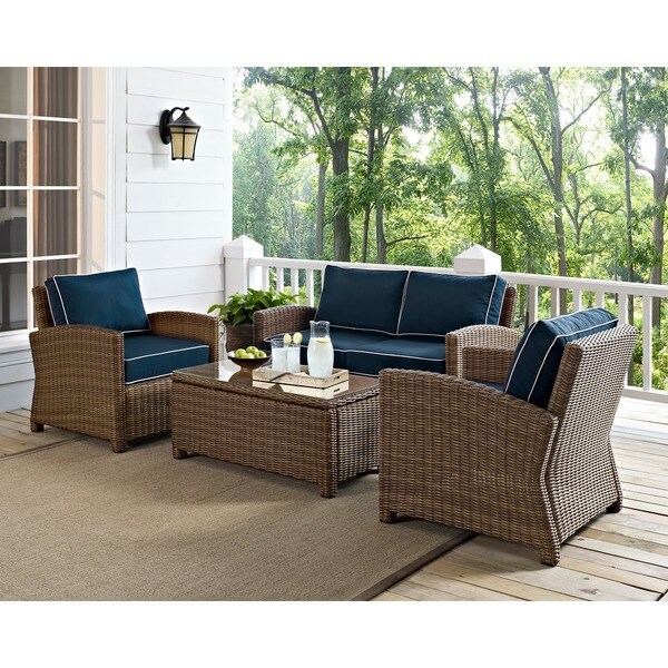 Crosley Bradenton Outdoor Wicker 4Piece Seating Set with Navy Cushions