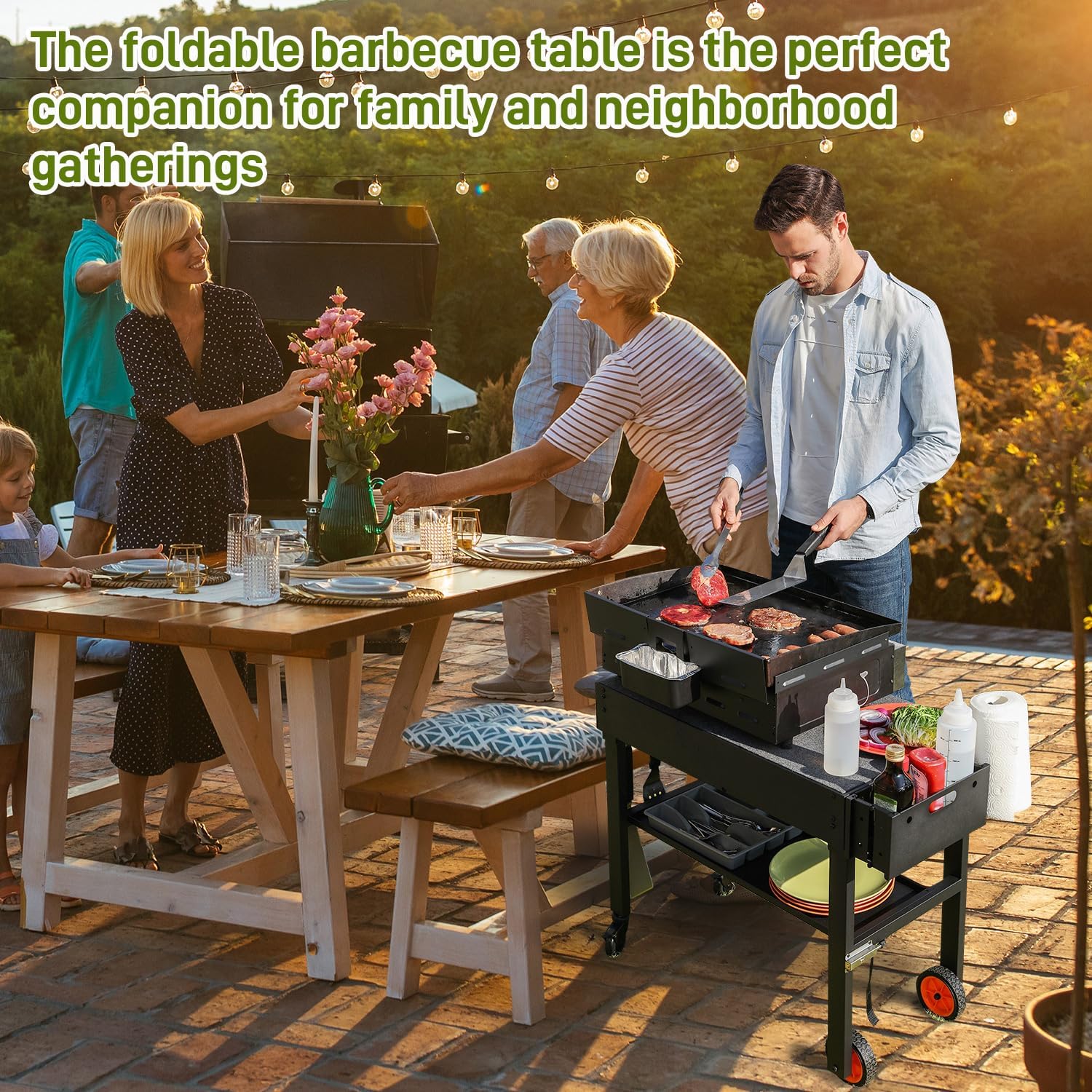 Portable Grill Table with Wheels - Folding Outdoor Grill Stand