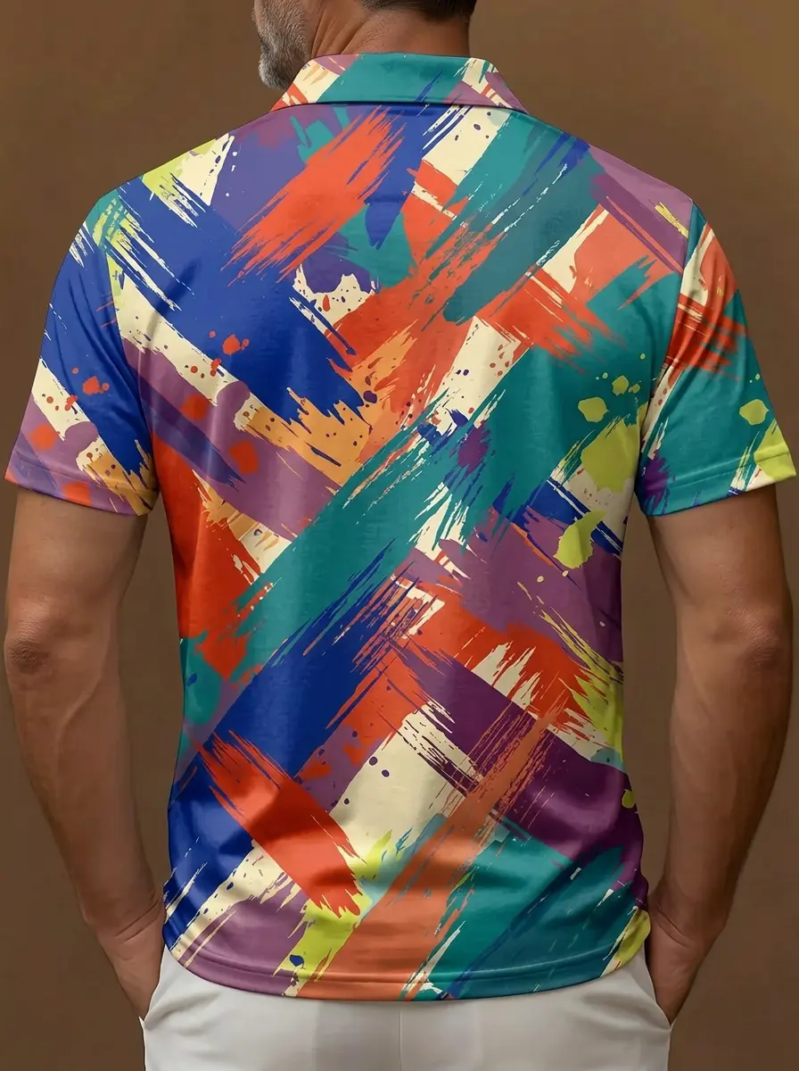 Multicolor Abstract Brushstroke Print Short Sleeve Golf Polo Shirt