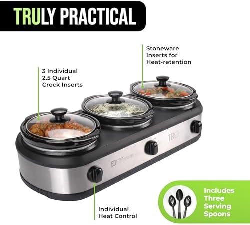 Triple Buffet Server – Three 2.5 Quart Removable Crock Inserts – Slow Cooker & Food Warmer with Individual Heat Control – Includes Lid Rests & Serving Spoons