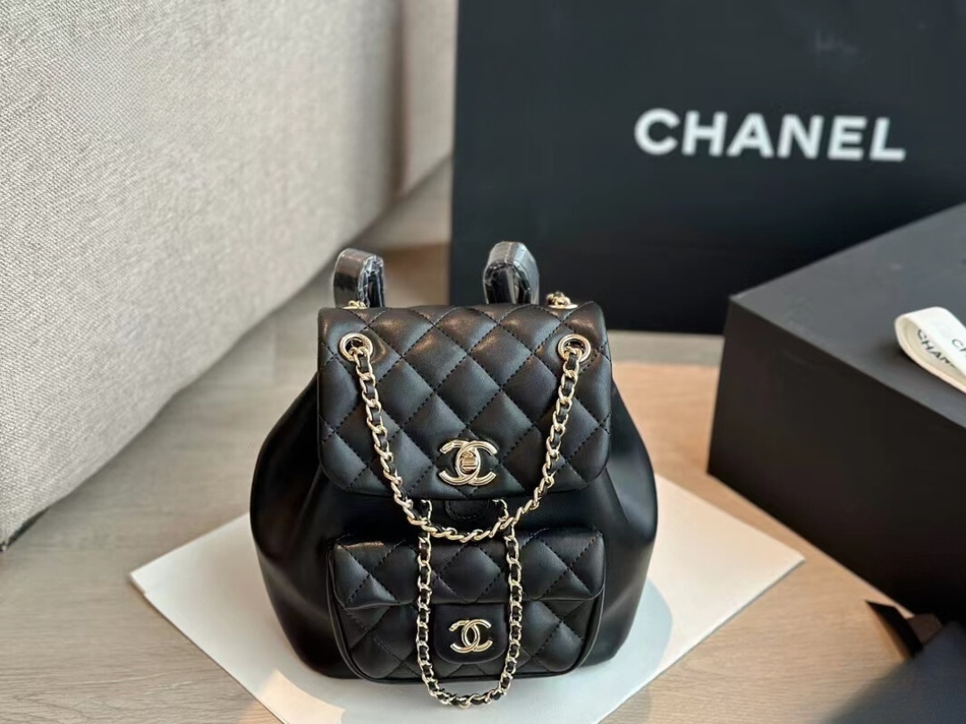 Chanel Duma Matelasse Leather Chain Backpack Black 20Cm/7.8in