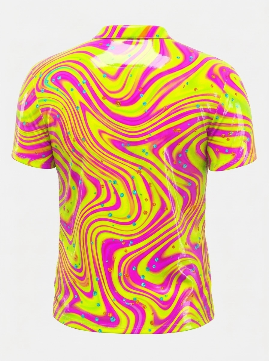Moisture Wicking Golf Polo 3D Yellow Pink Swirl Glitter Button Short Sleeve Golf Polo Shirt
