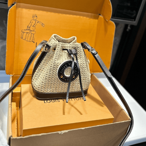 Louis Vuitton Noé Purse Raffia Woven Mini Bucket Bag Black 7.5 Inches