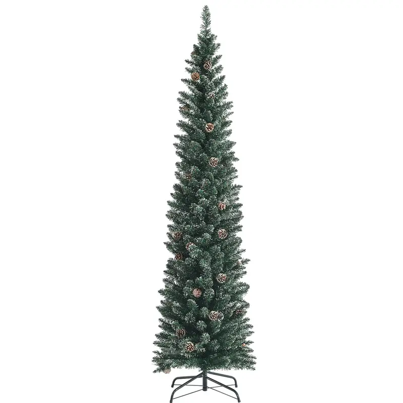 Slim Snow-Flocked Pencil Christmas Tree – Pre-Lit Artificial Tree with Hinged Branches