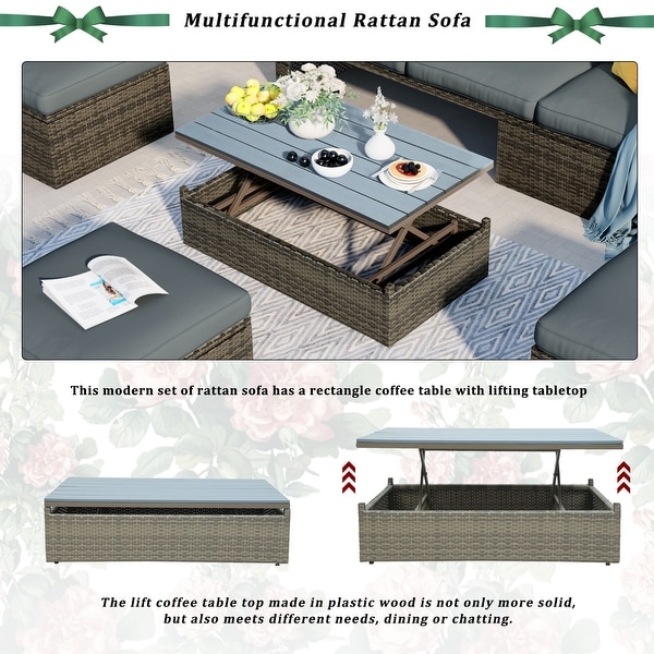 5Piece PE Wicker Sofa Set with Adjustable Backrest,Ottomans,and Lift Top Table