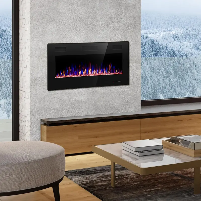 R.W. FLAME 60″ Recessed Electric Fireplace – Wall-Mounted Low-Noise Heater with Touch Screen, Flame Customization & Remote Timer