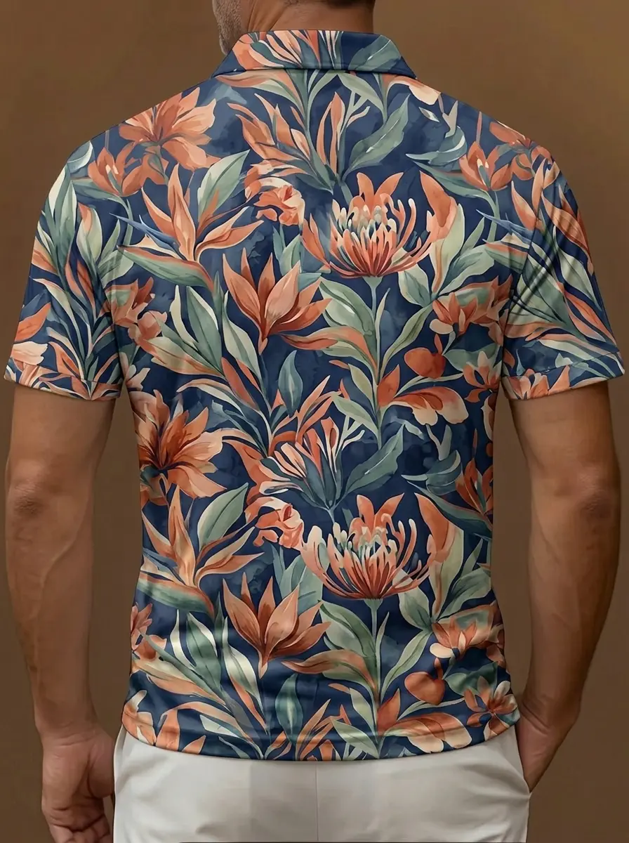Navy Blue Tropical Floral Watercolor Print Short Sleeve Golf Polo Shirt