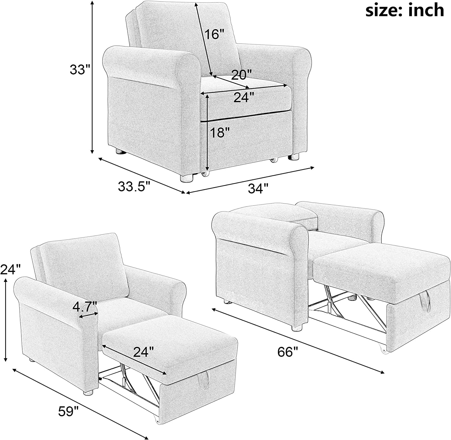 Convertible Sleeper Chair Bed, 3-In-1 Single Chair Bed With Adjustable Backrest, Pull Out Sleeper Chair Futon Sofa Chair, Modern Linen Fabric, Teal