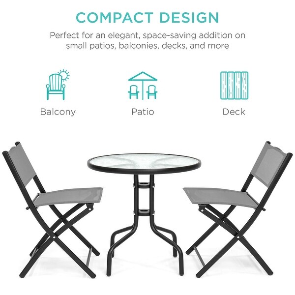 3Piece Patio Bistro Dining Furniture Set w/Textured Glass Tabletop,2 Folding Chairs,Steel Frame,Polyester Fabric