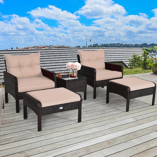 5 PCS Patio Rattan Conversation Set Outdoor Wicker Furniture Set