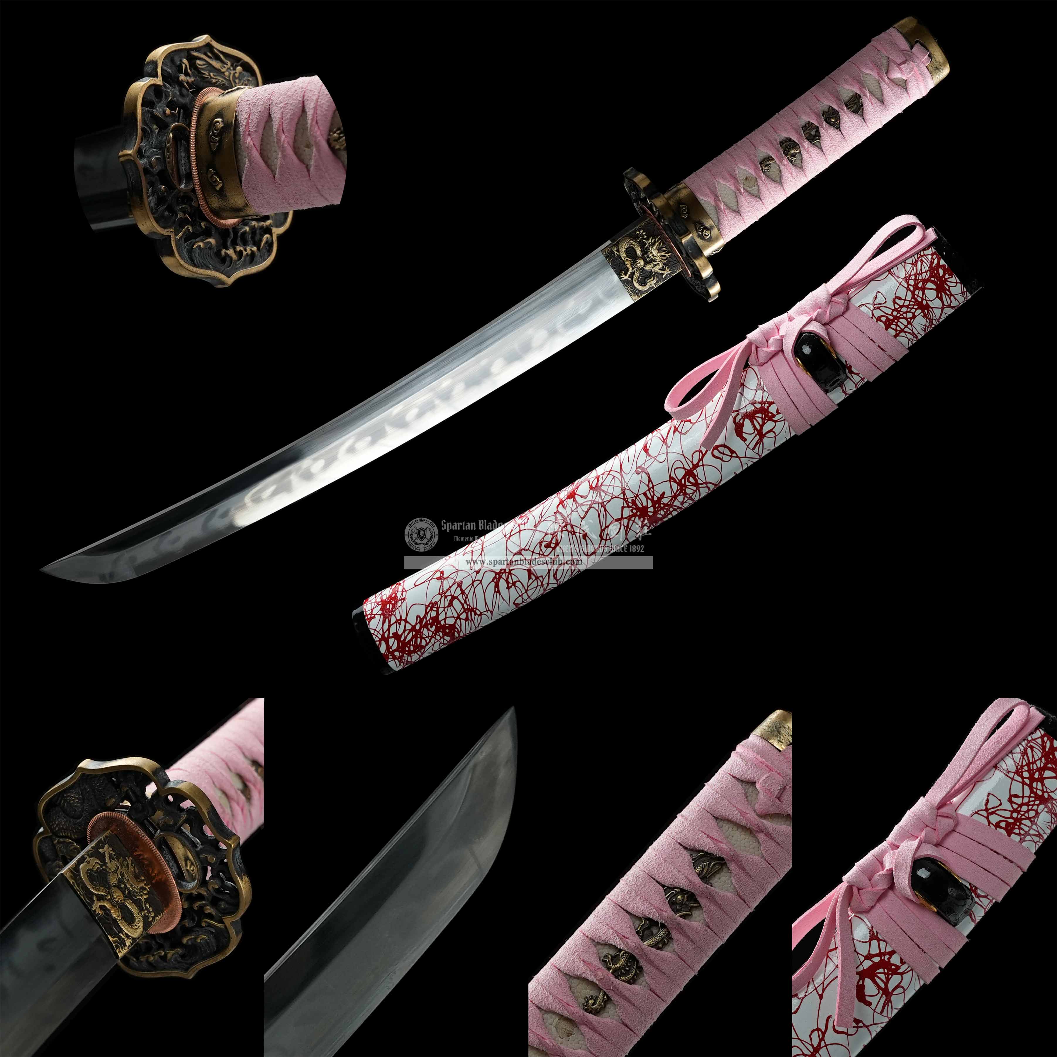 HY199 | Chimai | Tanto | T10 Steel | Clay-tempered | Real Hamon | Pink&Red&White | Loong(Chinese Dragon) | Battle-Ready | Full-tang | Spartan Blades Club (陳氏劍莊 CHEN'S SWORDS 1892) - Spartan Blades Club - 陳氏劍莊1892
