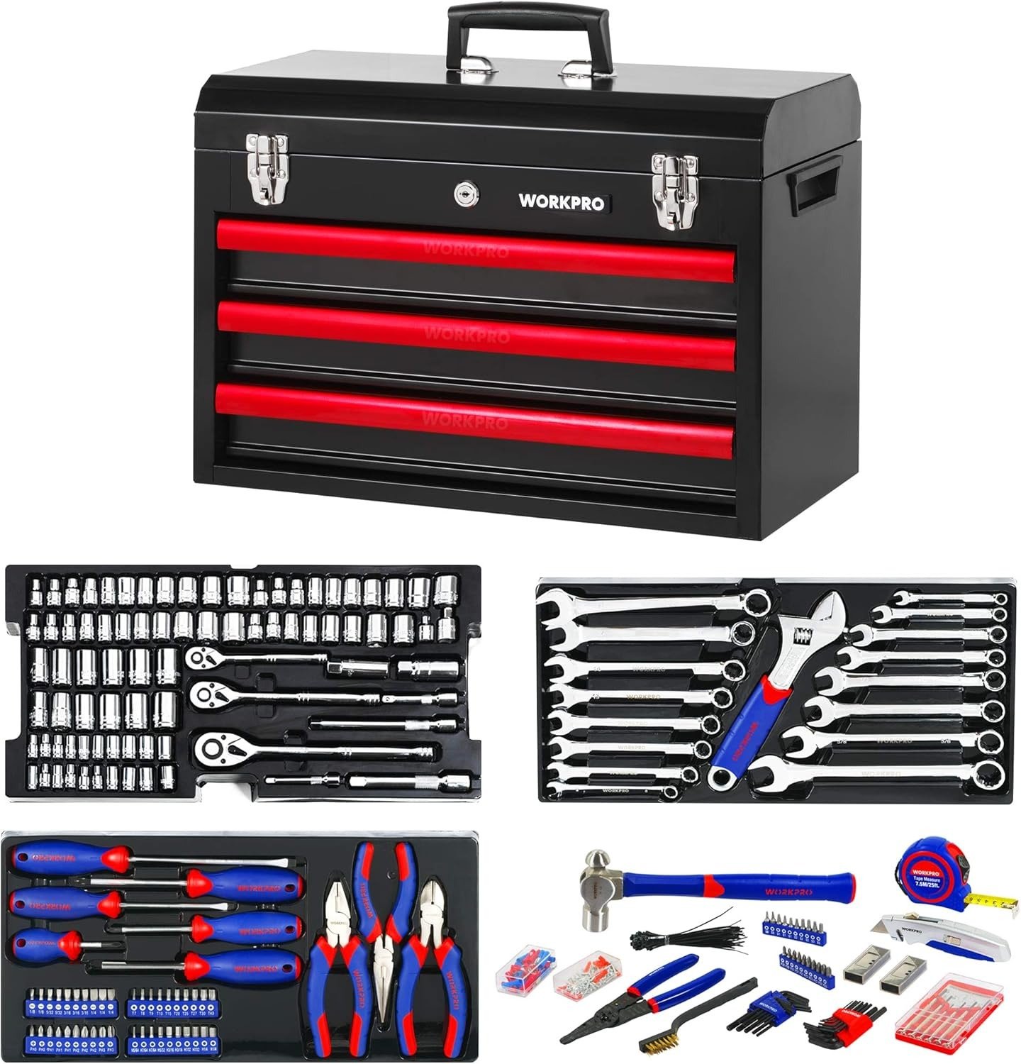 408-Piece Mechanics Tool Set, General Household Home Repair Tool Kit with 3-Drawer Heavy Duty Metal Box, Hand Tool Kit Set 1 Pack