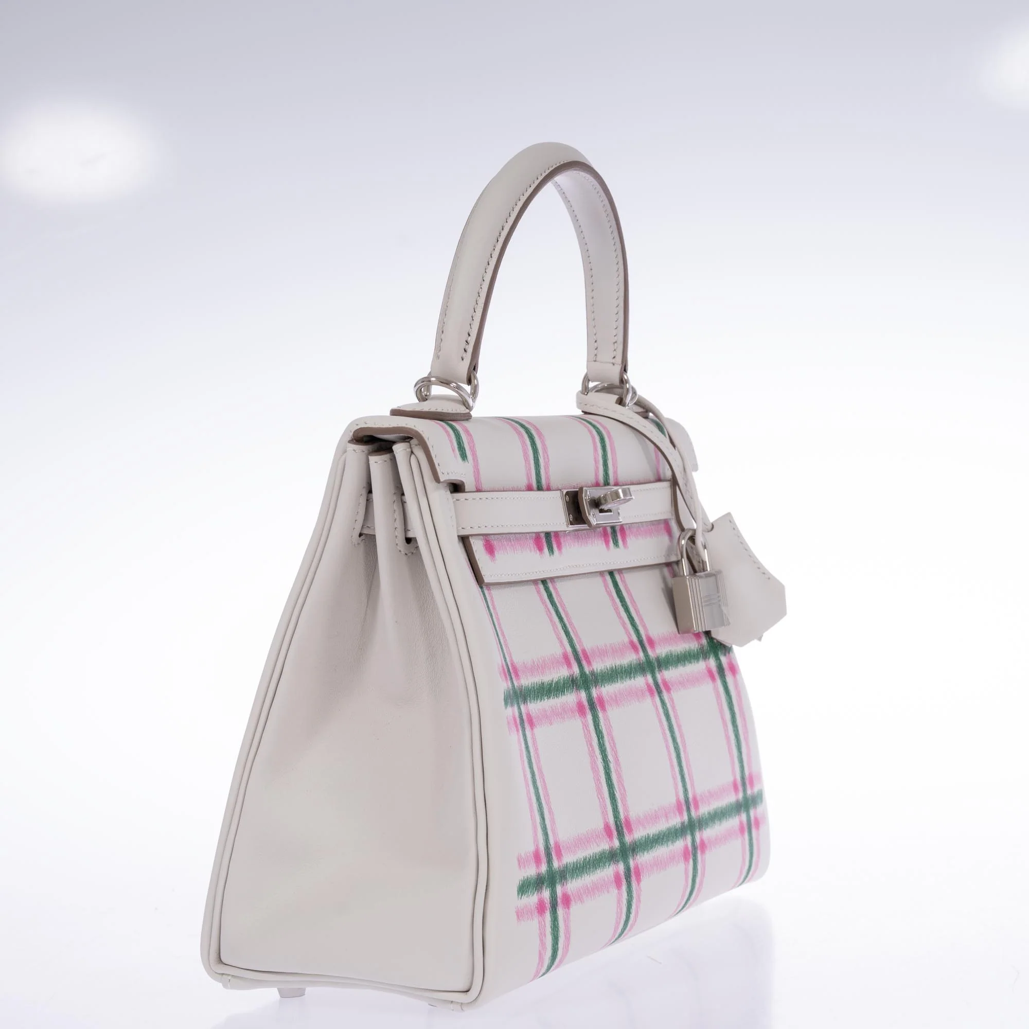 Hermès Kelly 25 Retourne Tartan Light Gris Pale Vert Moyen Bubblegum Swift Palladium Hardware