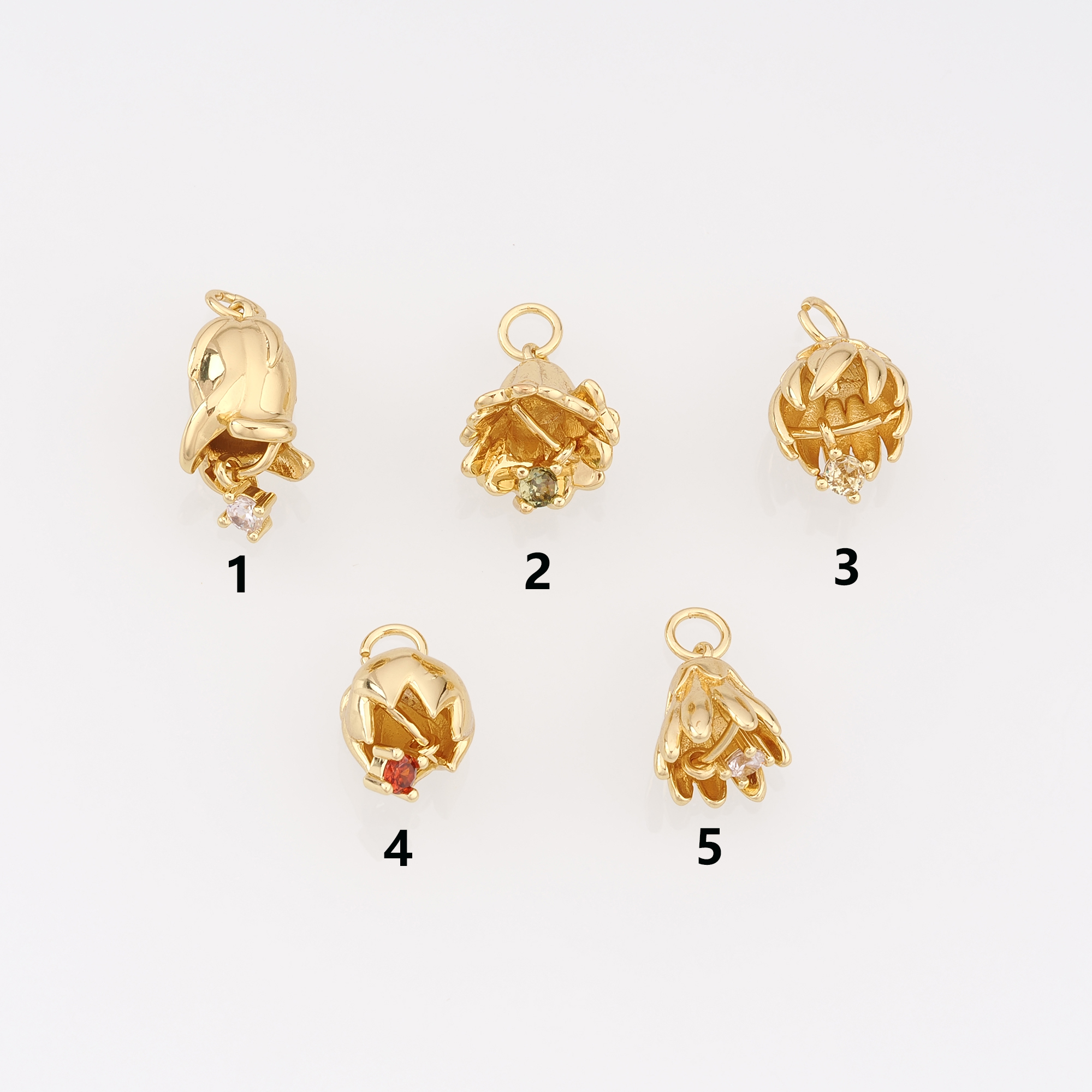 18K Gold Filled Flower Bud Pendant,CZ Micro Pave Flower Charm Earrings Necklace for DIY Jewelry Making Supply