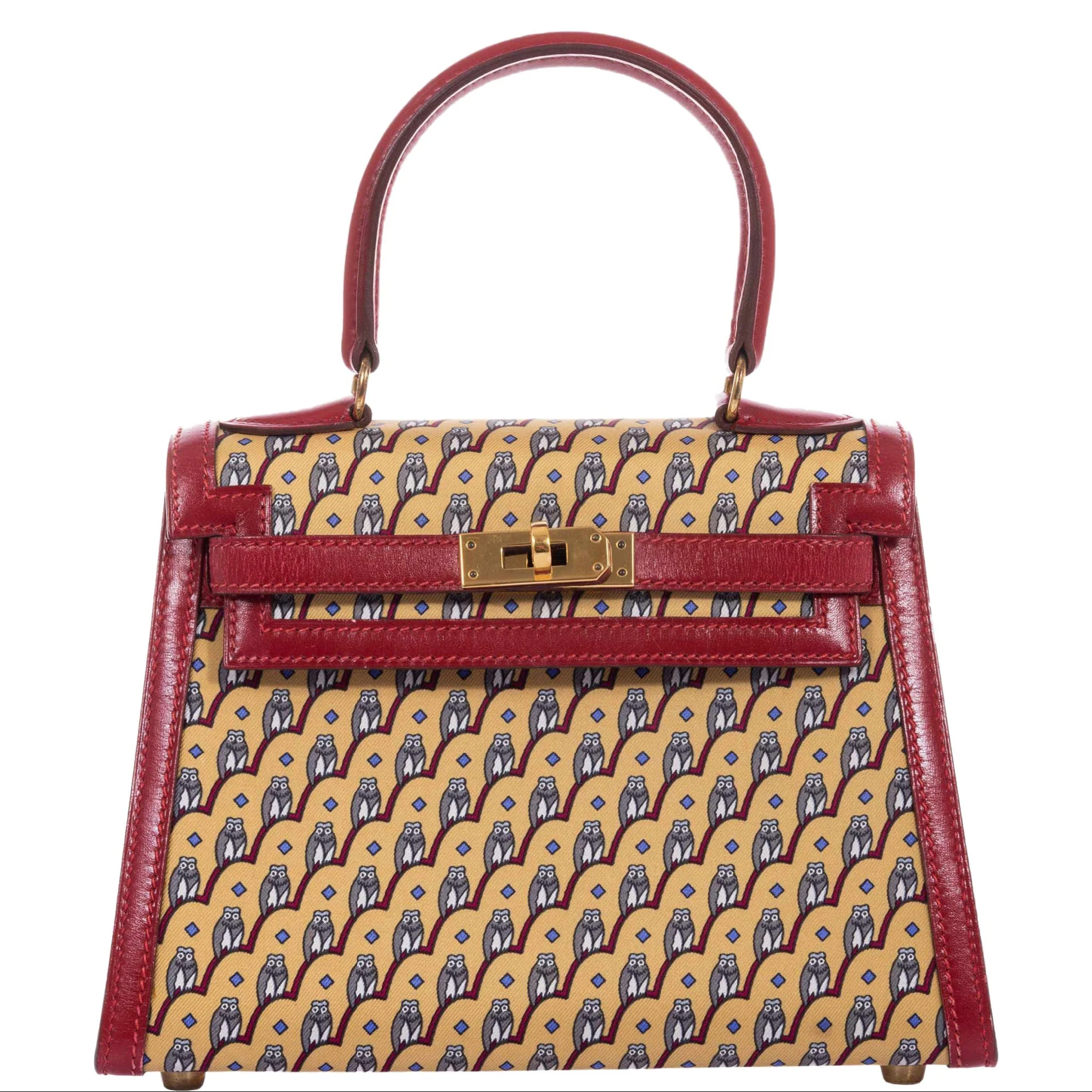 Hermès Vintage Kelly 20 Sellier Owl Print Jaune Silk & Rouge Vif Box Calf Gold Hardware