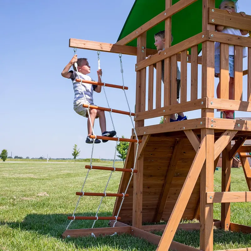Wooden Mountain-Style Playset – Includes Sunshade, Wave Slide, Rope Swing, Net Swing & Climbing Wall