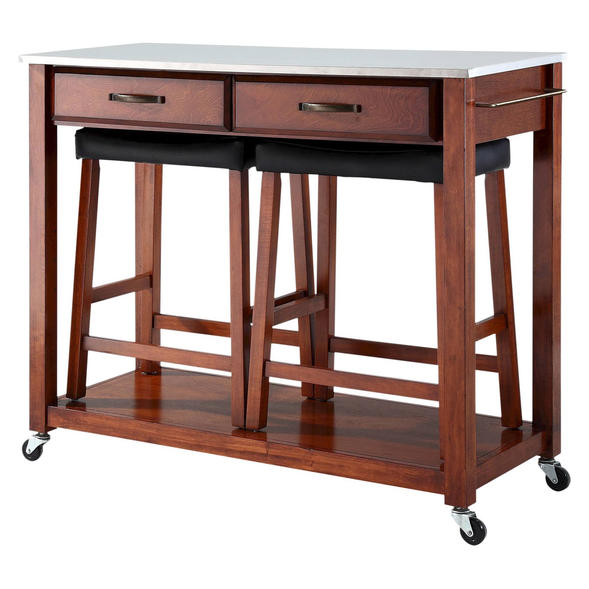 Crosley Furniture Stainless Steel Top Classic Cherry Kitchen Cart / Island with 24x22 Saddle Stools