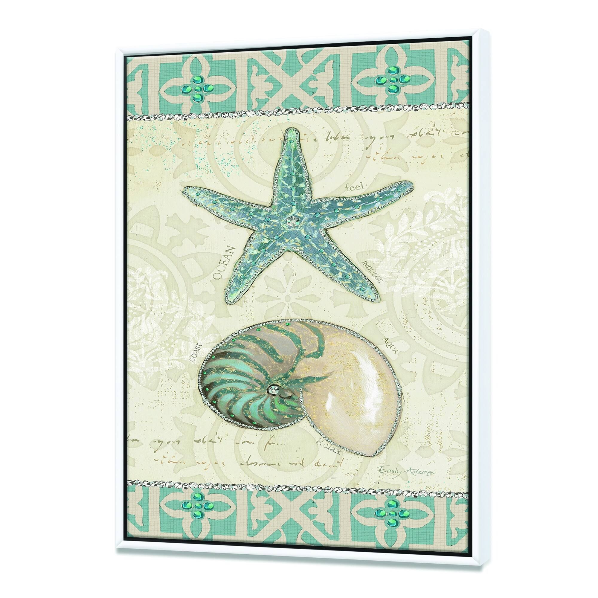 Designart &Seastar and Blue Sea Shell I& Nautical u0026 Coastal Framed Canvas - 34 in. Wide x 44 in. High - Gold