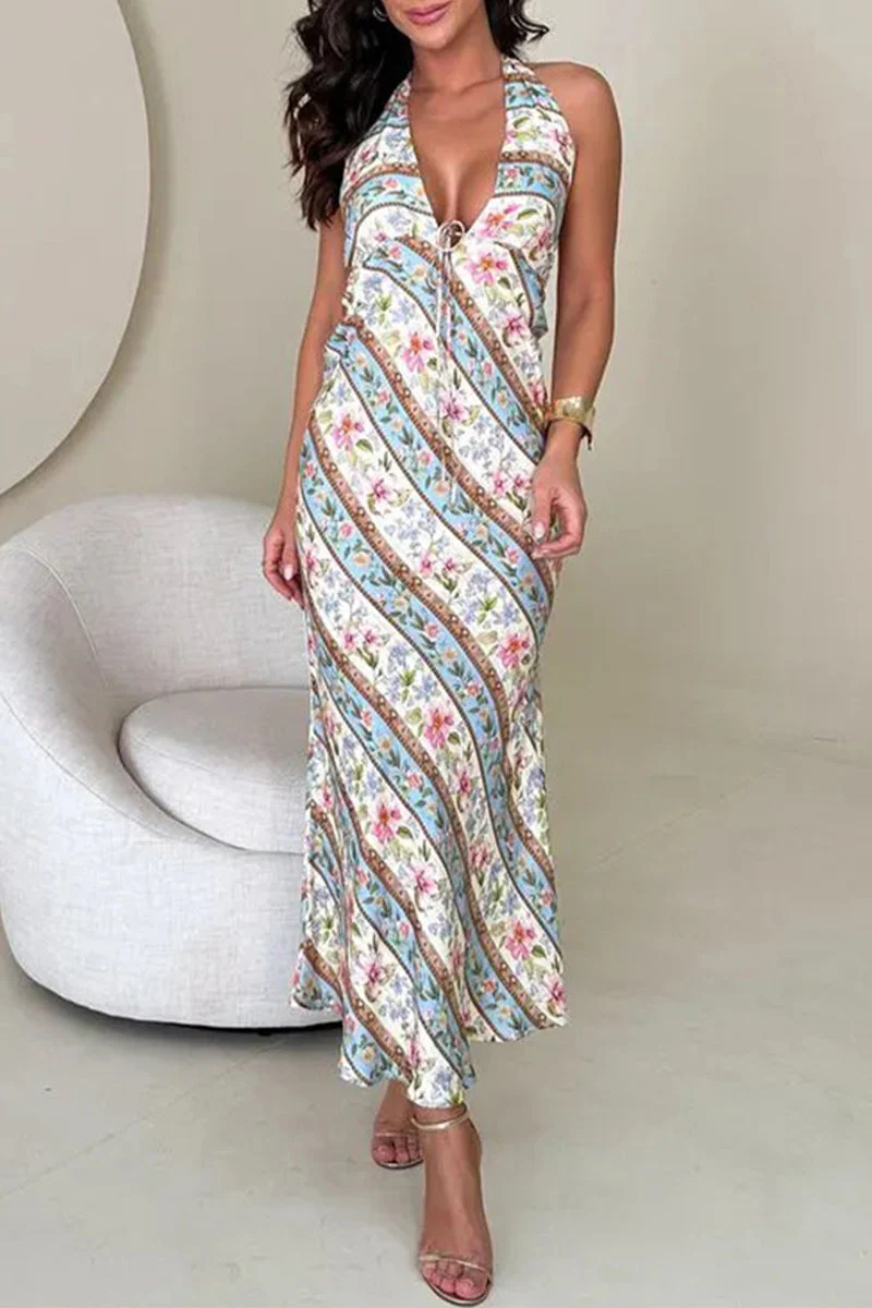 Backless Floral Halter Maxi DressClistos