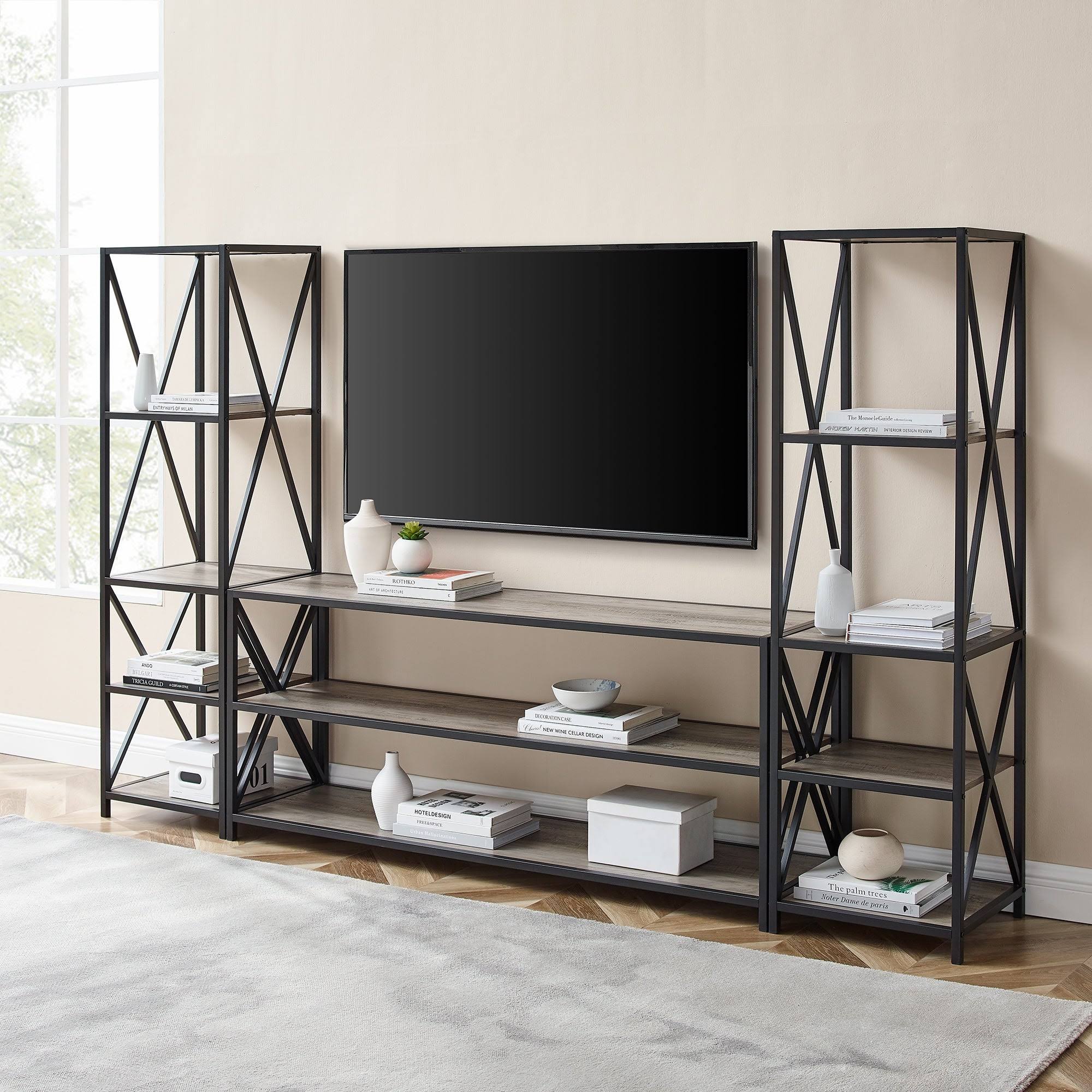 Carbon Loft Hattie 3-Piece X-Frame Entertainment Wall - Slate Grey / Black Metal