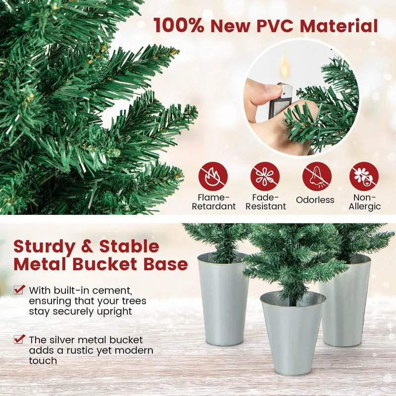 Three-Tier Slim Artificial Christmas Tree Set – 3′, 4′, 5′ Pencil Styles in Metal Buckets