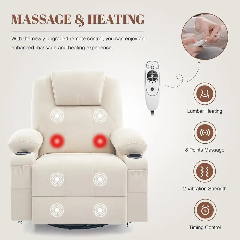 Premium Swivel Rocking Recliner – Heated & Massaging, 360° Rotation, Single-Seat Lounge Sofa
