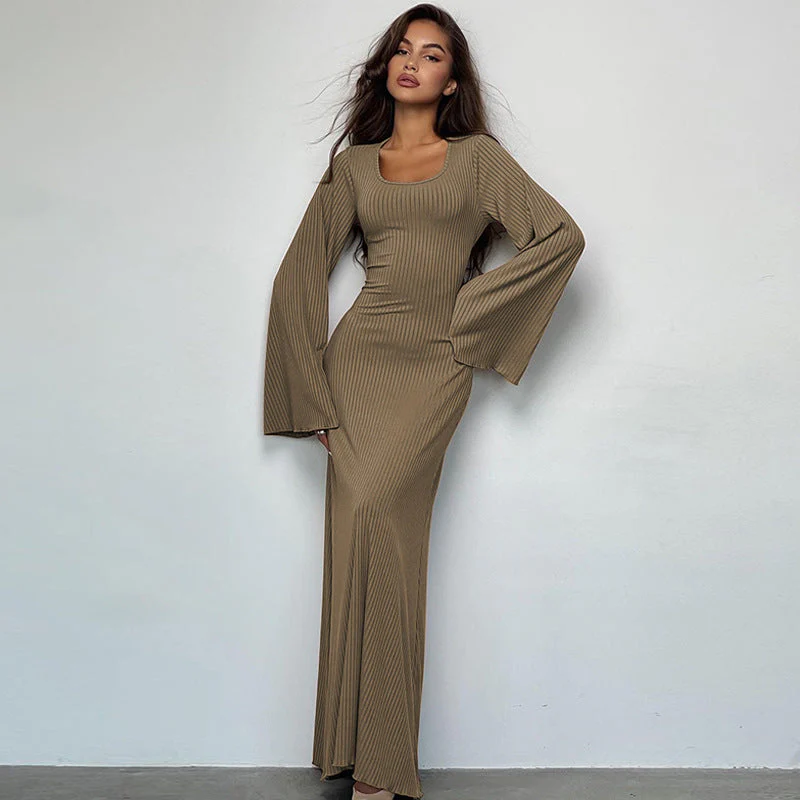 Ribbed Knit Maxi Dress with Tie BackClistos