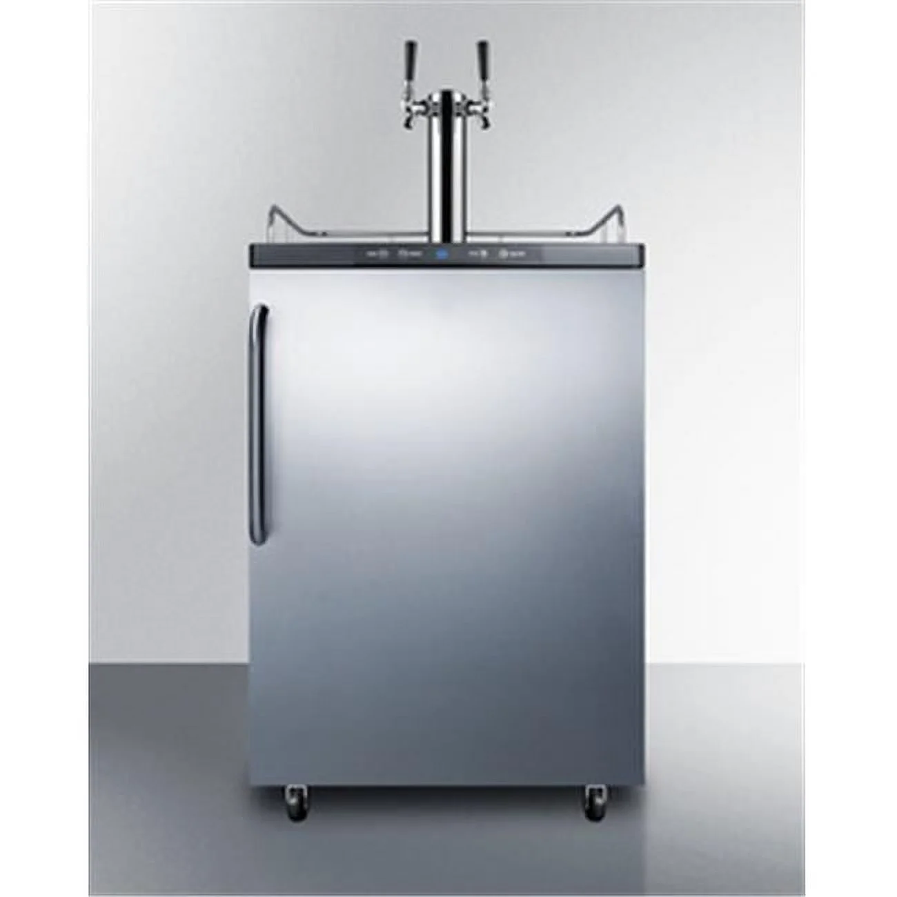 Freestanding commercially listed dual tap beer dispenser, auto defrost with digital thermostat, stainless steel door, towel bar handle, and black cabinet