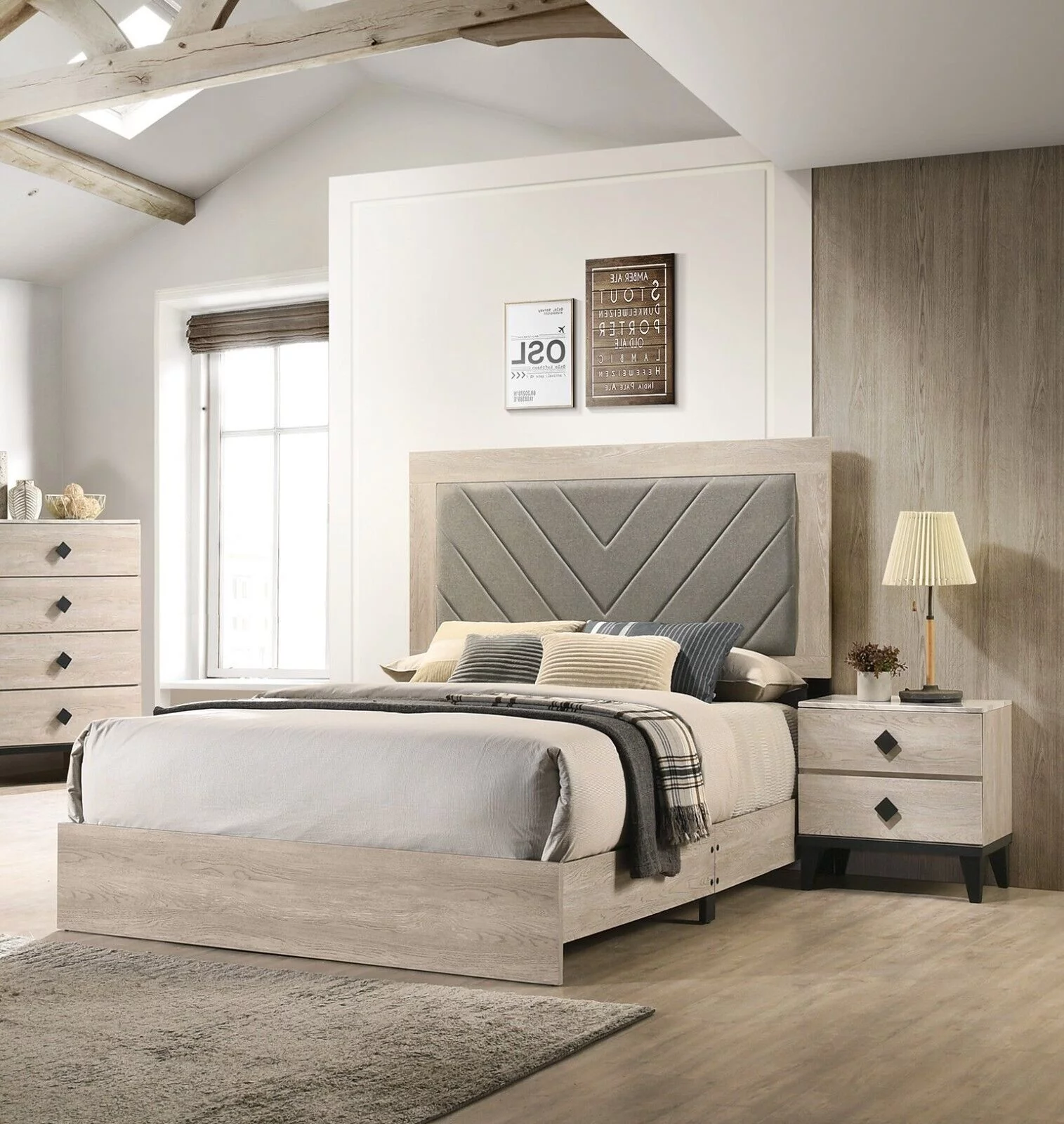 California King Size Bed, 2x Nightstands Cream Finish Transitional Wooden Bedroom Tufted Headboard Bedframe 3pc Furniture Set