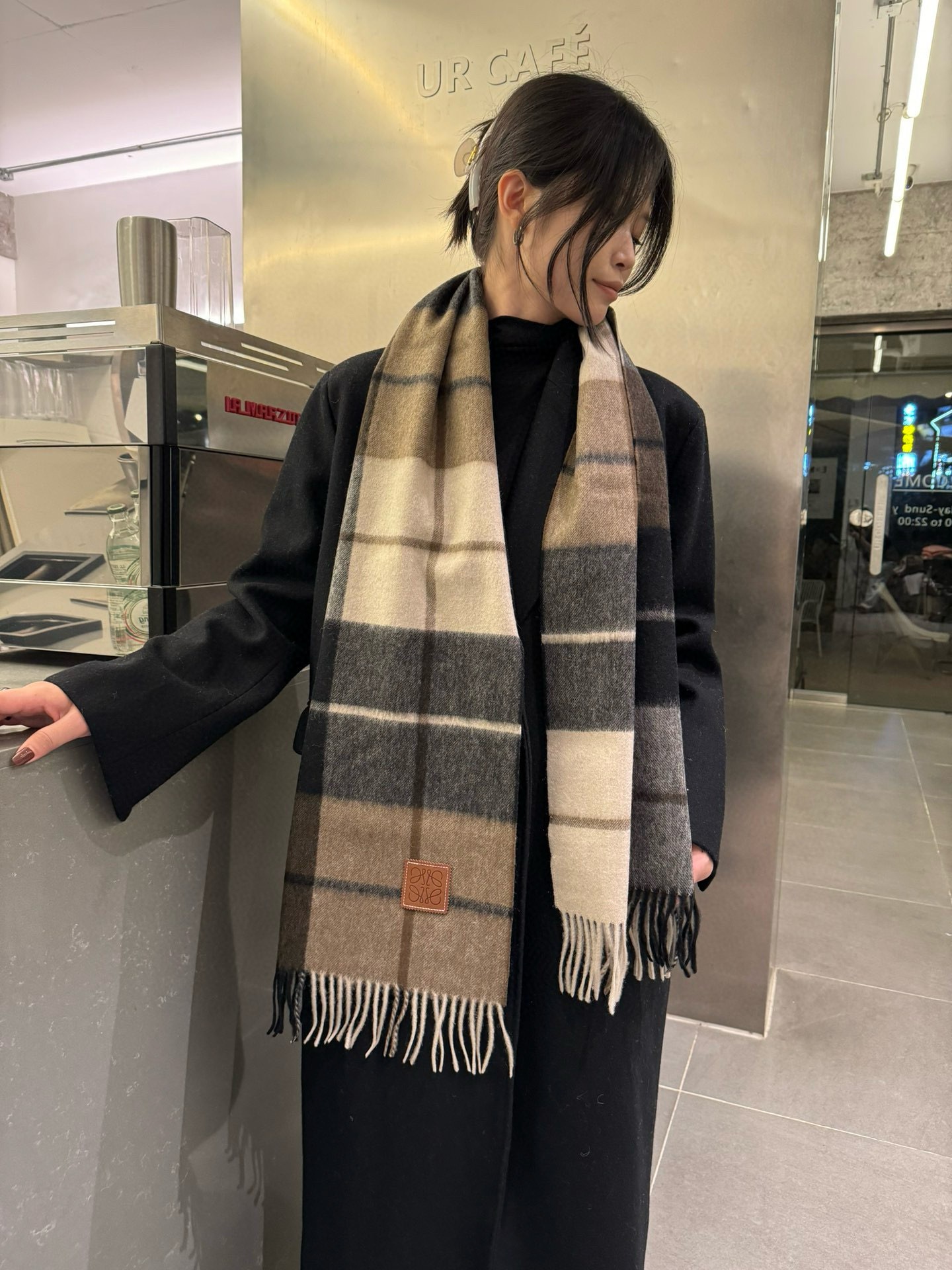 Loewe Cashmere Scarf Check Black Beige For Women 180cm