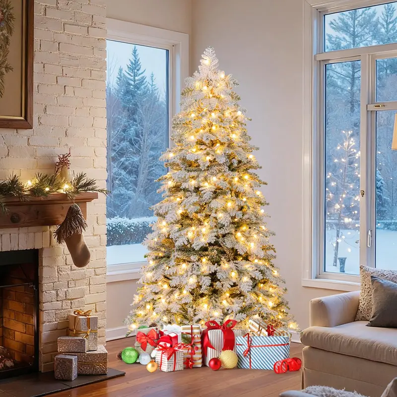 Snow-Flocked Christmas Tree with Mixed Branch Types – Energy-Efficient Warm White LED Lighting
