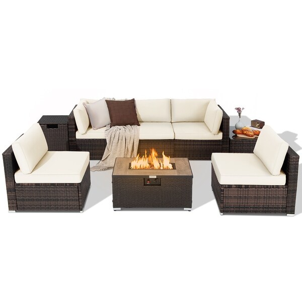 Costway 8PCS Patio Rattan Furniture Set Fire Pit Table Tank Holder