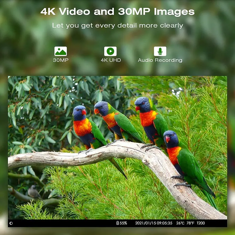 T200 Solar-Powered Trail Camera – 4K Video, 30MP Photos, WiFi & Bluetooth Connectivity
