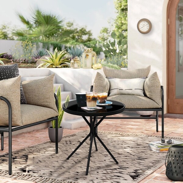 All Weather Outdoor Round Patio Table,Metal Bistro Table with Tempered Glass Tabletop,Compact Powder Coated Side Table,Black
