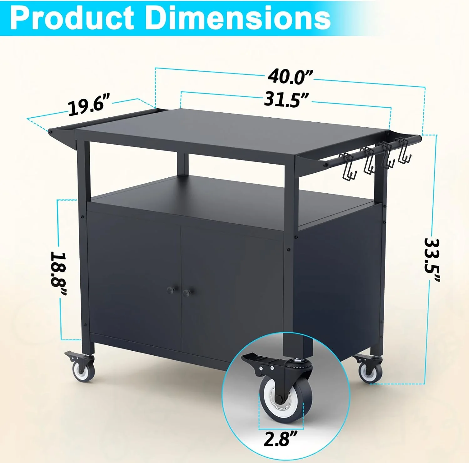 Outdoor Grill Table with Storage, Movable Grill Cart, BBQ Serving Cart with Utensil Hooks