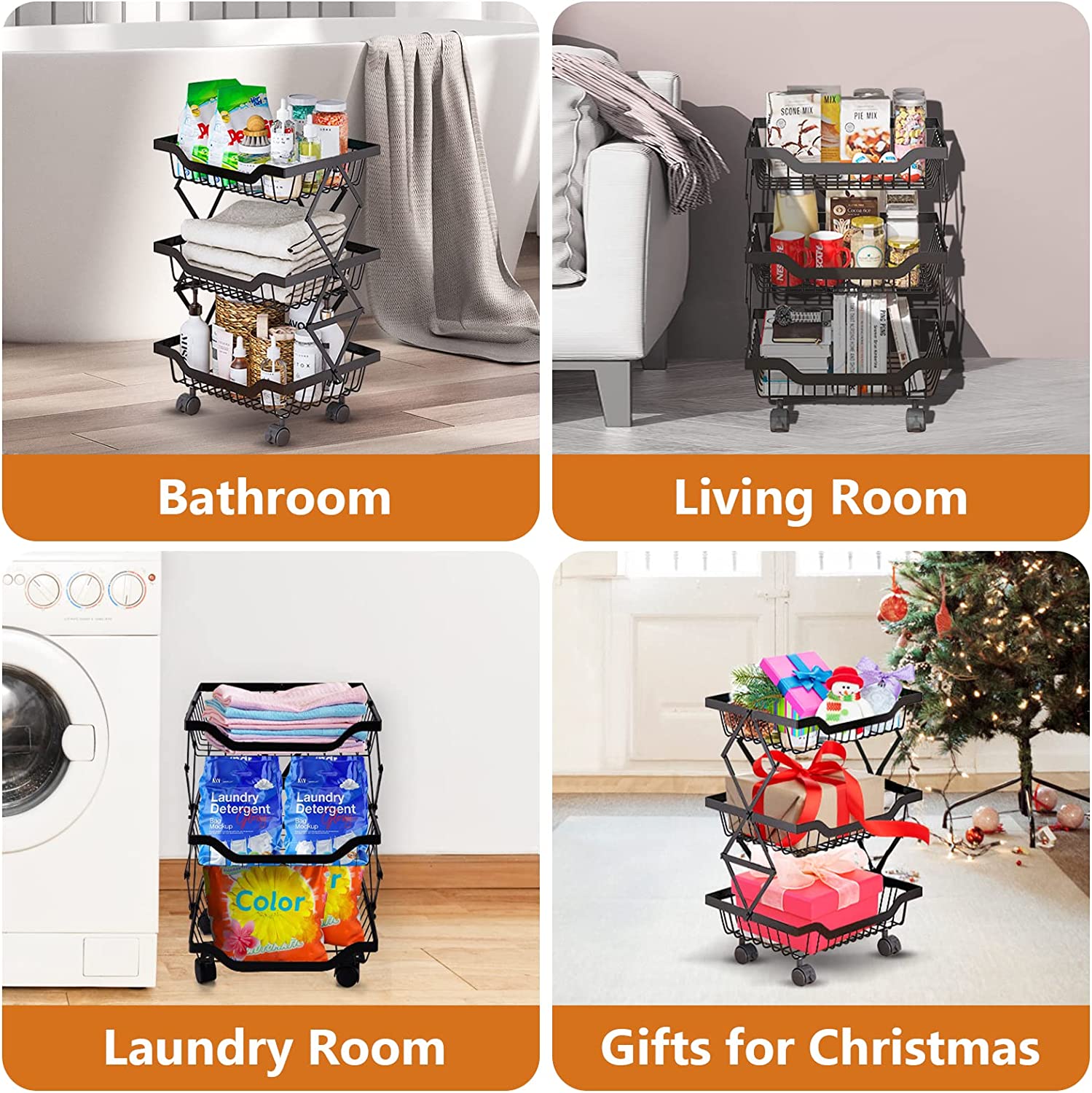 Fruit Basket for Kitchen - 3 Tier Basket Stand - Foldable Fruit and Vegetable Storage Cart with Detachable Wheels - Potato and Onion Storage - Basket Storage Tower for Kitchen, Pantry, Bathroom