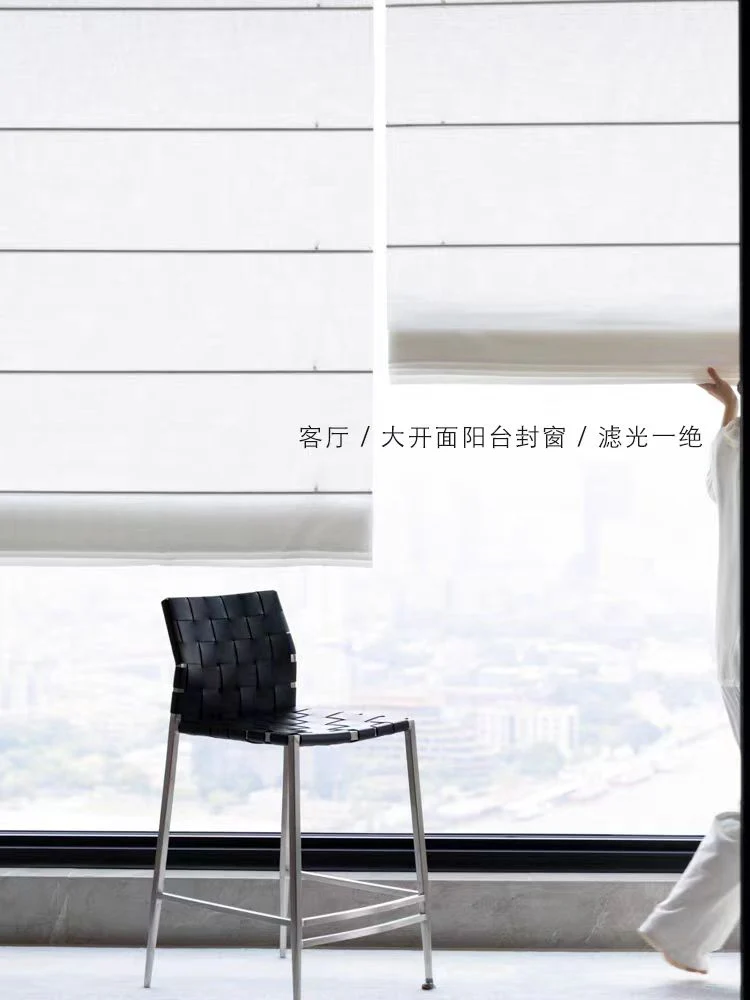 FA017 - Curtain Intelligent Electric Roller Blind / French Linen Roman Blind High Drape Soft Light Living Room Blackout Curtains