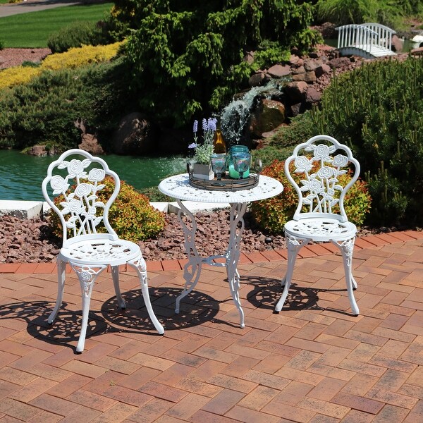 Sunnydaze 3Piece White Flower Designed Cast Aluminum Patio Furniture Bistro Set