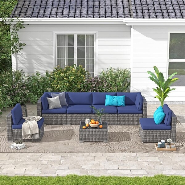 7 Pieces Patio Furniture Set,Outdoor Sectional Conversation Wicker Rattan Sofa Couch with Glass Table and Cushions,7 PCS,Blue