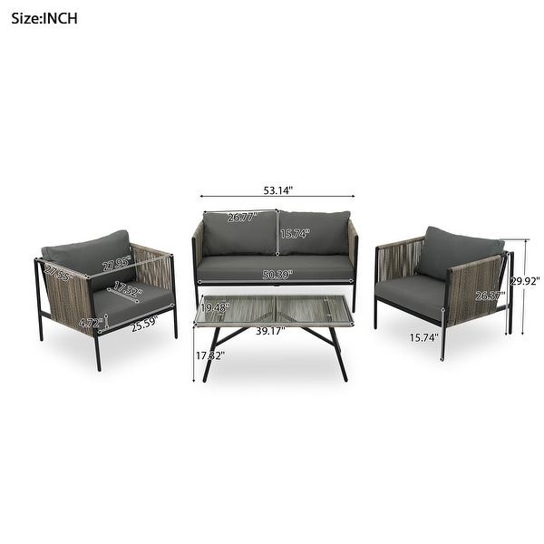 AllWeather Patio Furniture 4piece Rope Sofa Set with Thick Cushions and Toughened Glass Table