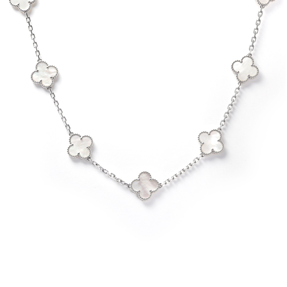 Van Cleef & Arpels Vintage Alhambra 10 Motifs Necklace 18K White Gold Mother of Pearl VCARF48500