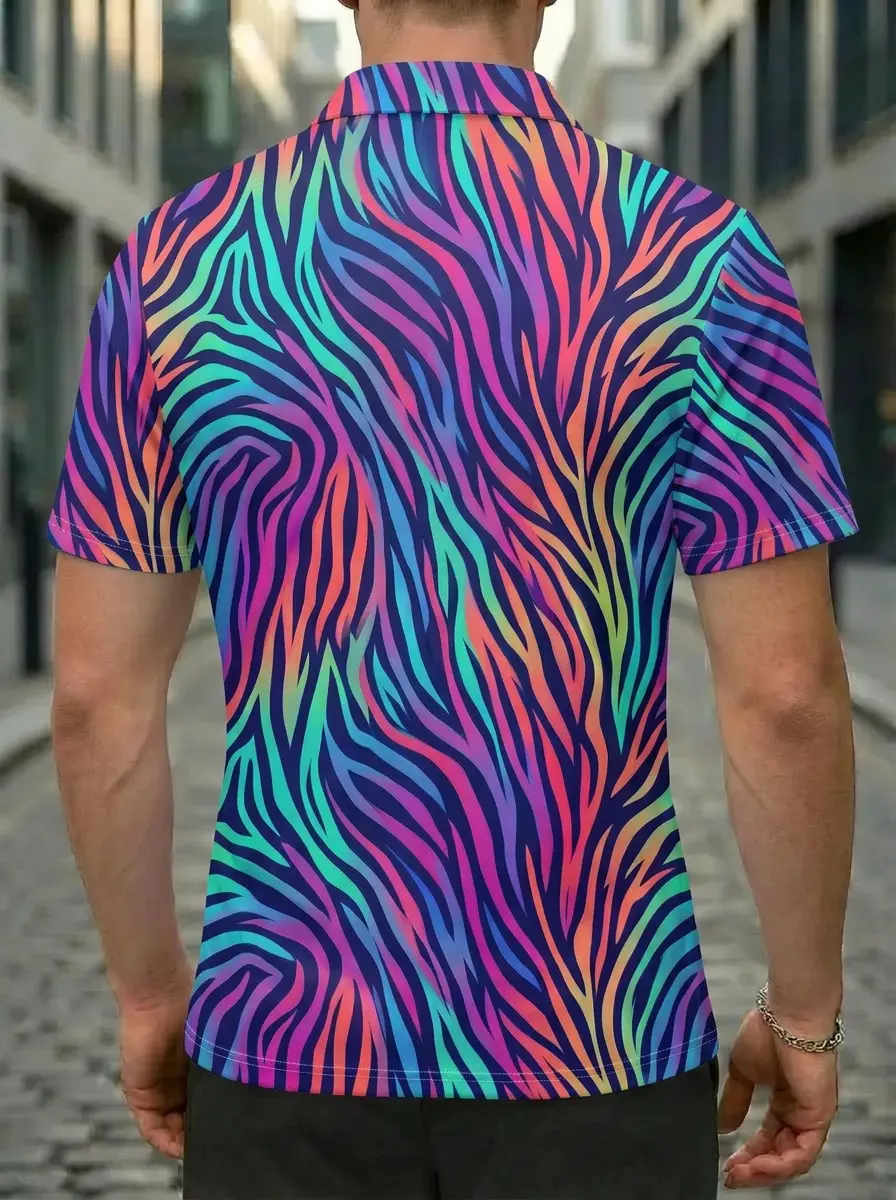 Moisture Wicking Golf Polo 3D Multicolor Neon Zebra Print Button Short Sleeve Golf Polo Shirt