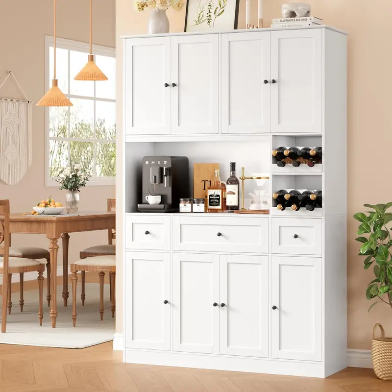 Tall Kitchen Pantry Cabinet with Built-In Wine Rack & Microwave Shelf – White Freestanding Hutch with Ample Storage for Kitchens & Dining Rooms